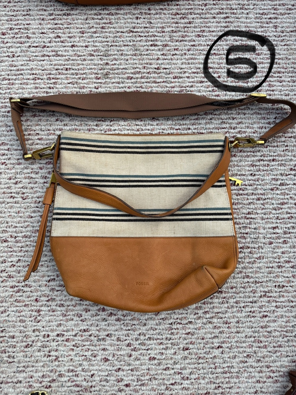 Fossil Tan Leather & Cream Striped Canvas Crossbody